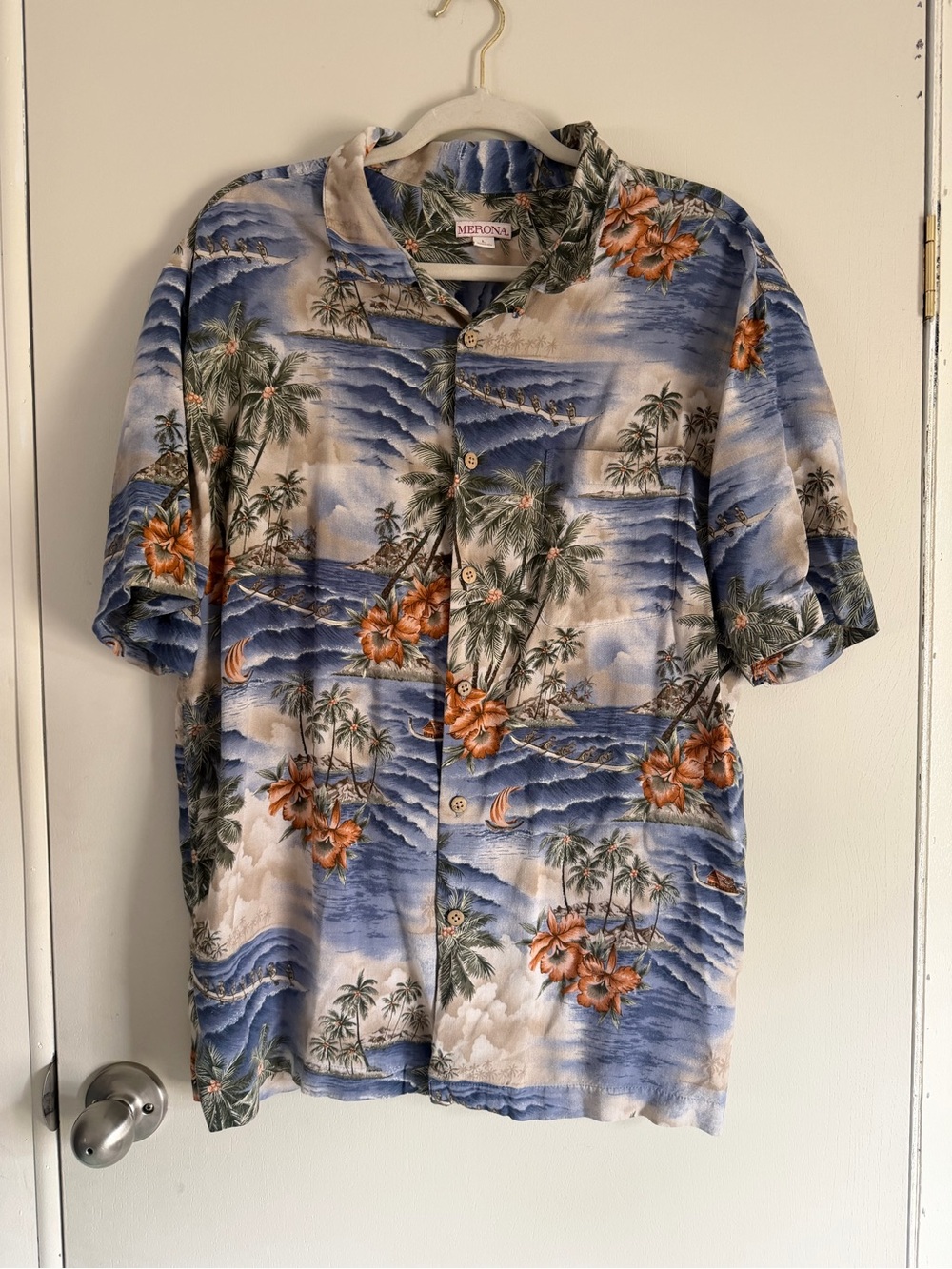 Merona Blue and Orange Palm Print Hawaiian Shirt